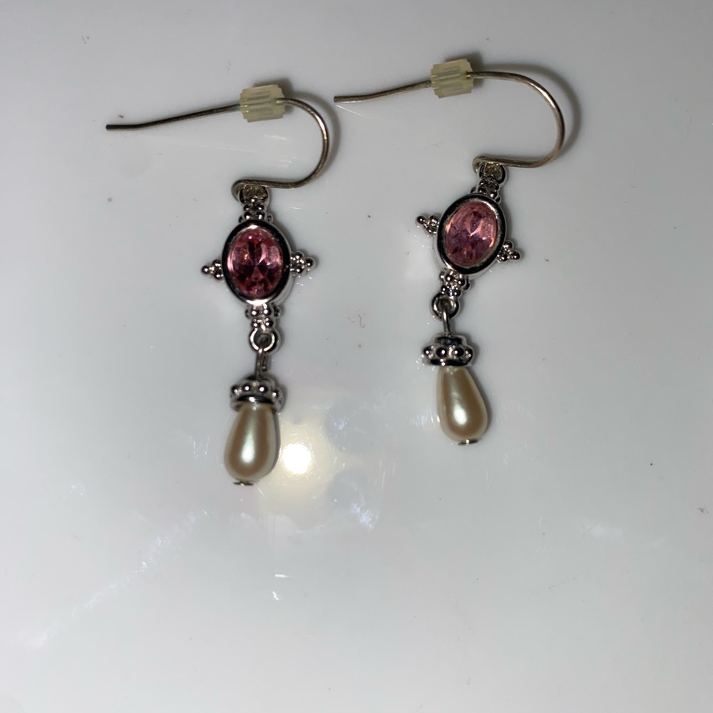 Pair Swarovski hanging pierced earrings pink faceted stones white faux pearl